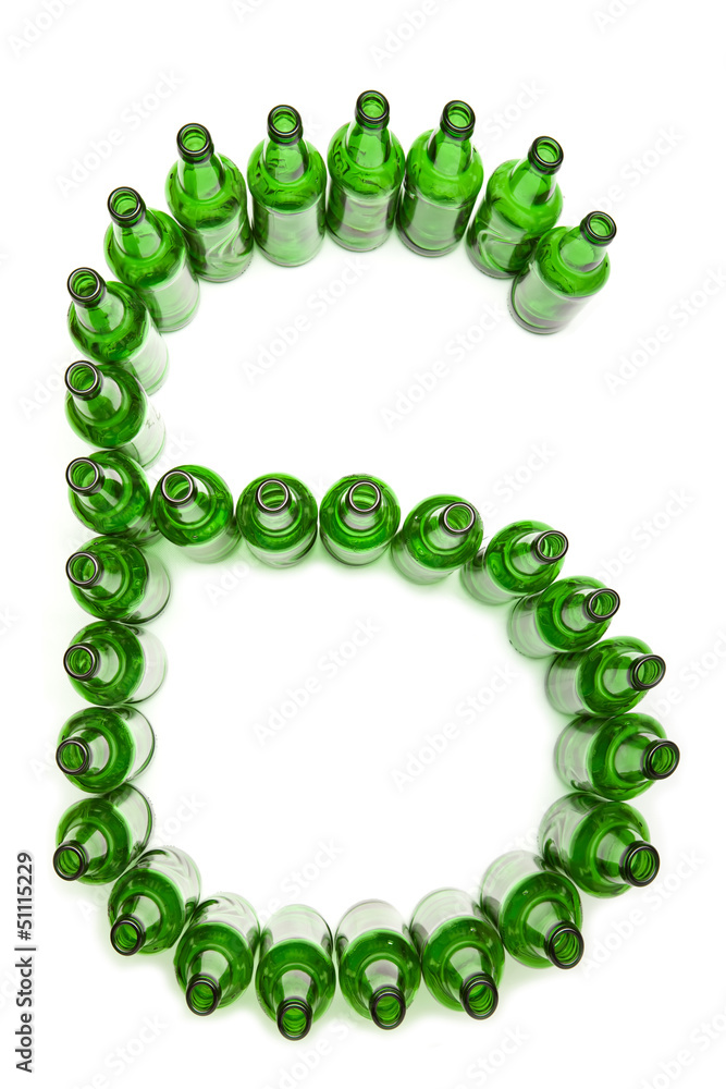 Digits from green beer bottles. Digit 6.. Digits from green beer bottles. Digit 6..