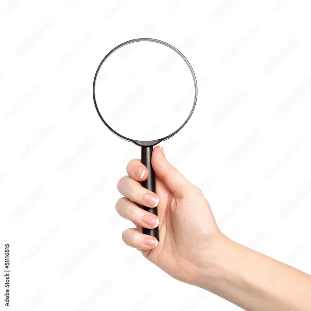 isolated woman hand holding a magnifying glass isolated woman hand holding a magnifying glass