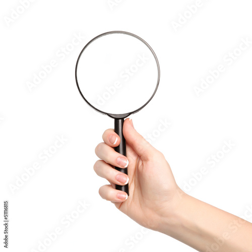 isolated woman hand holding a magnifying glass