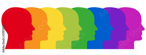 Reihe aus 8 menschlichen Gesichtern in Regenbogenfarben photo
