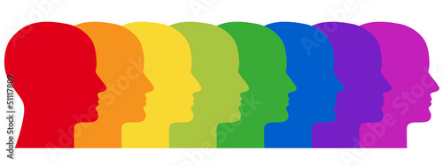 Reihe aus 8 menschlichen Gesichtern in Regenbogenfarben