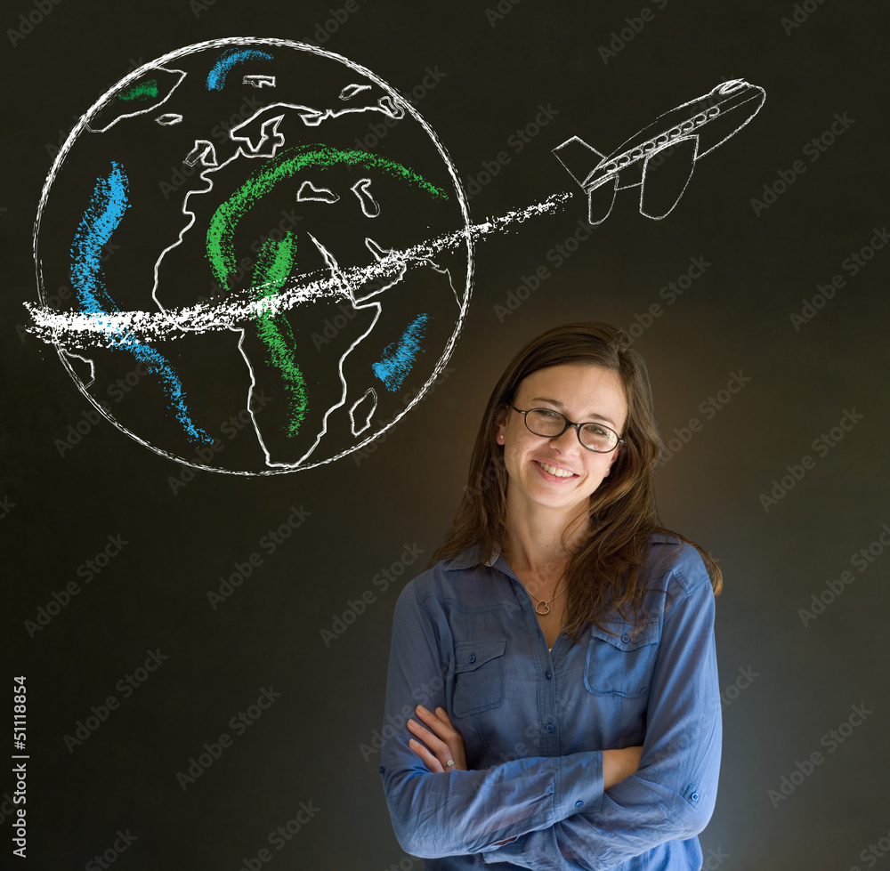 Woman with chalk  globe and jet world travel
