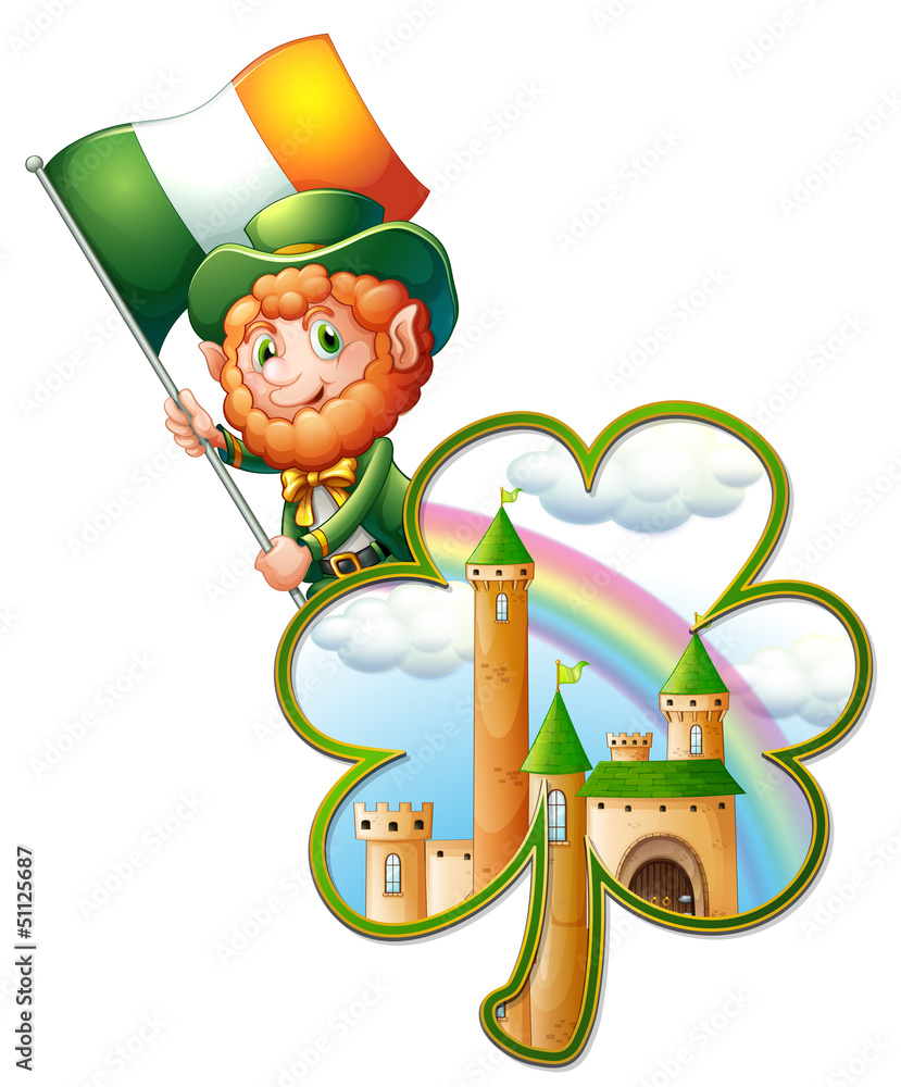 Fototapeta premium A castle inside the clover plant and an old man with the Ireland
