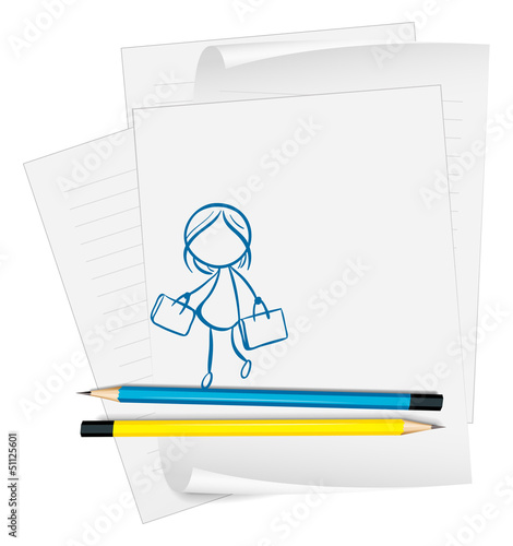 A paper with a drawing of a girl holding two bags
