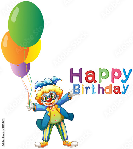 A clown with balloons and a Happy Birthday greeting