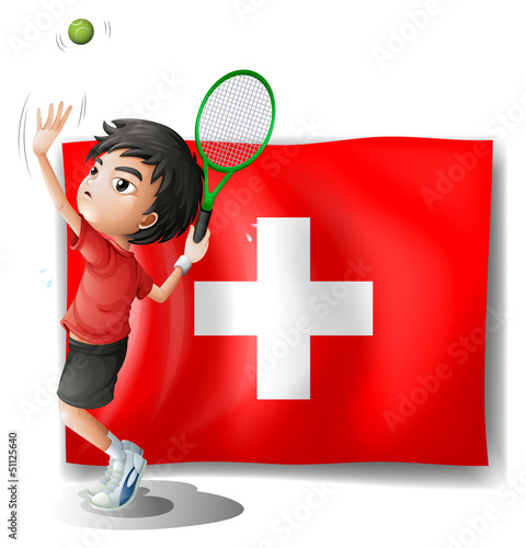 A tennis player in front of the Switzerland flag