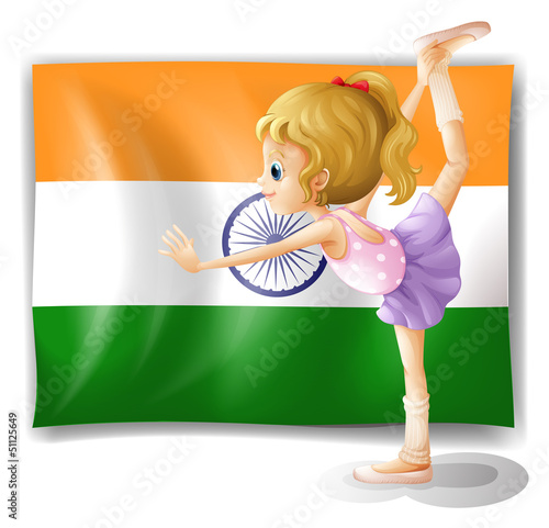 A ballet dancer performing in front of the Tajikistan flag