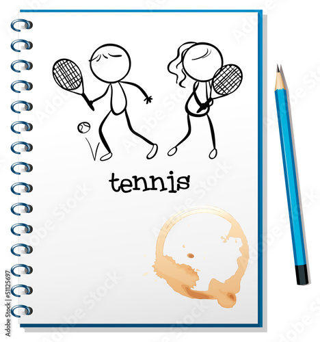 A notebook with a sketch of a boy and a girl playing tennis
