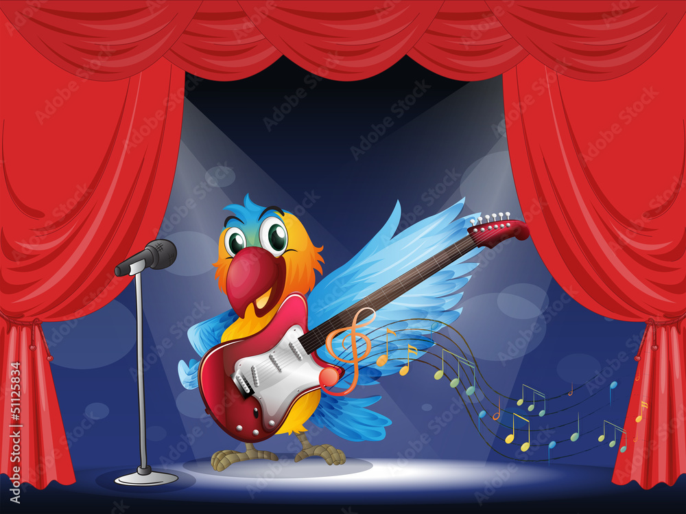 Obraz premium A parrot with a guitar at the stage