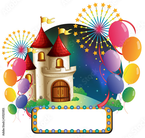 A castle with balloons and an empty signage