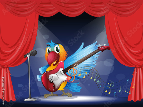 A parrot with a guitar at the stage