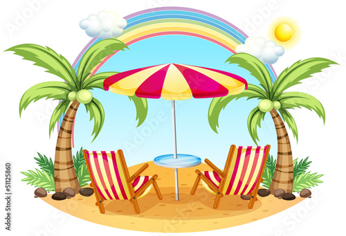 A seashore with a beach umbrella and chairs