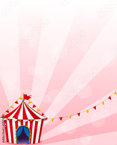 A red circus tent with banners