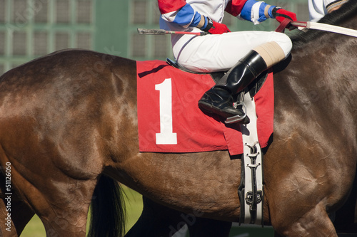 Vászonkép Number One Horse Prepares to Enter Start Gate at Horserace