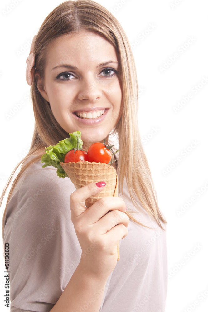beautiful girl with cherry tomato and green salad beautiful girl with cherry tomato and green salad