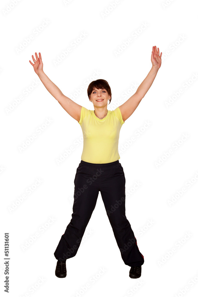 Happy middle-aged woman jumping and waving her arms Happy middle-aged woman jumping and waving her arms