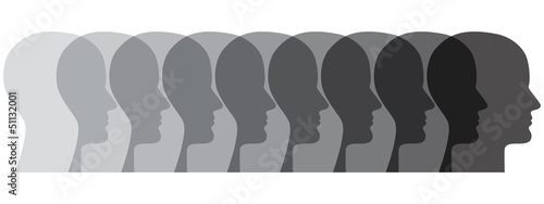 Reihe aus 9 menschlichen Gesichtern in Grauschattierungen