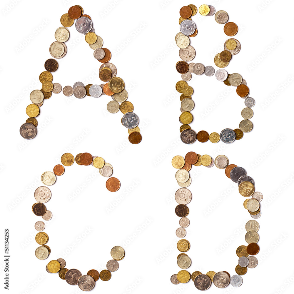 A-B-C-D alphabet letters from the coins of different countries. A-B-C-D alphabet letters from the coins of different countries.