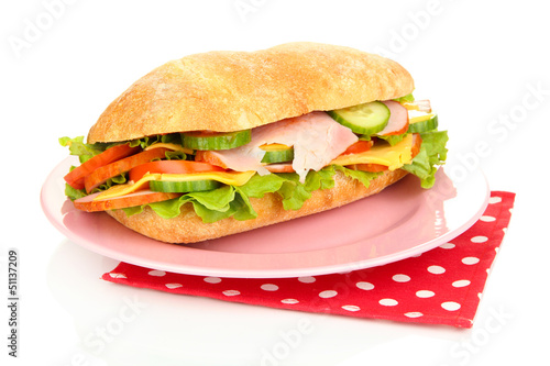 Fresh and tasty sandwich with ham and vegetables isolated