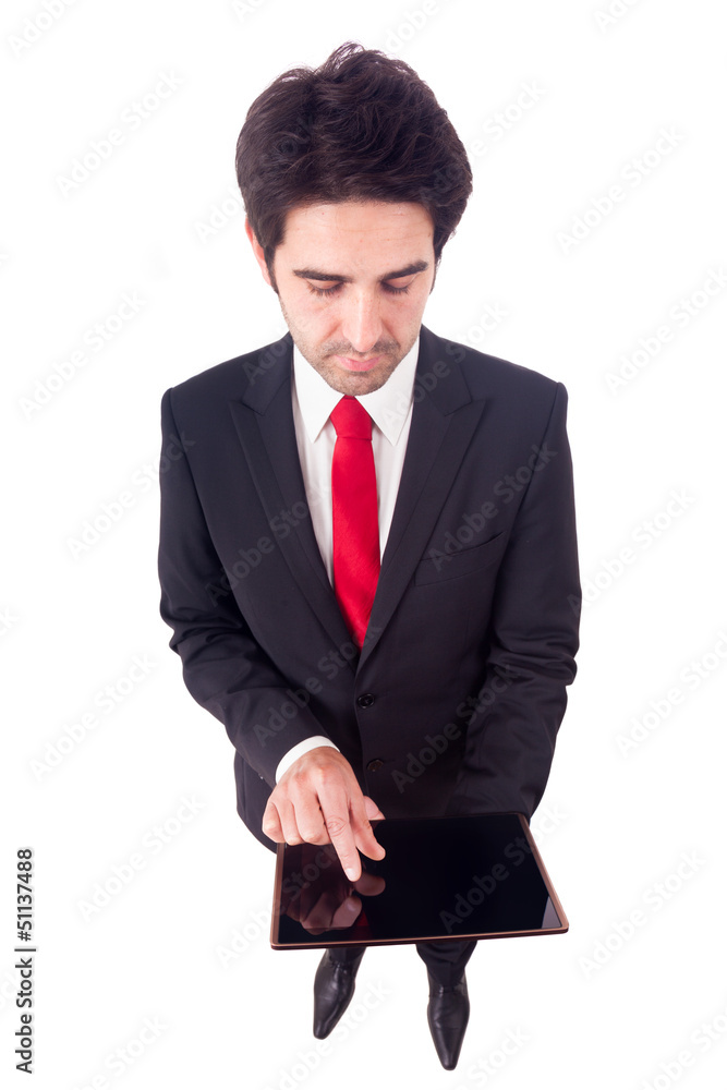 Businessman using a digital tablet computer, isolated on white Businessman using a digital tablet computer, isolated on white