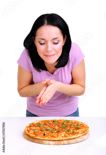 Beautiful girl wants to eat pizza isolated on white