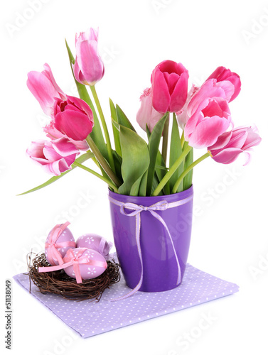 Fototapeta Naklejka Na Ścianę i Meble -  Easter composition with fresh tulips and easter eggs isolated