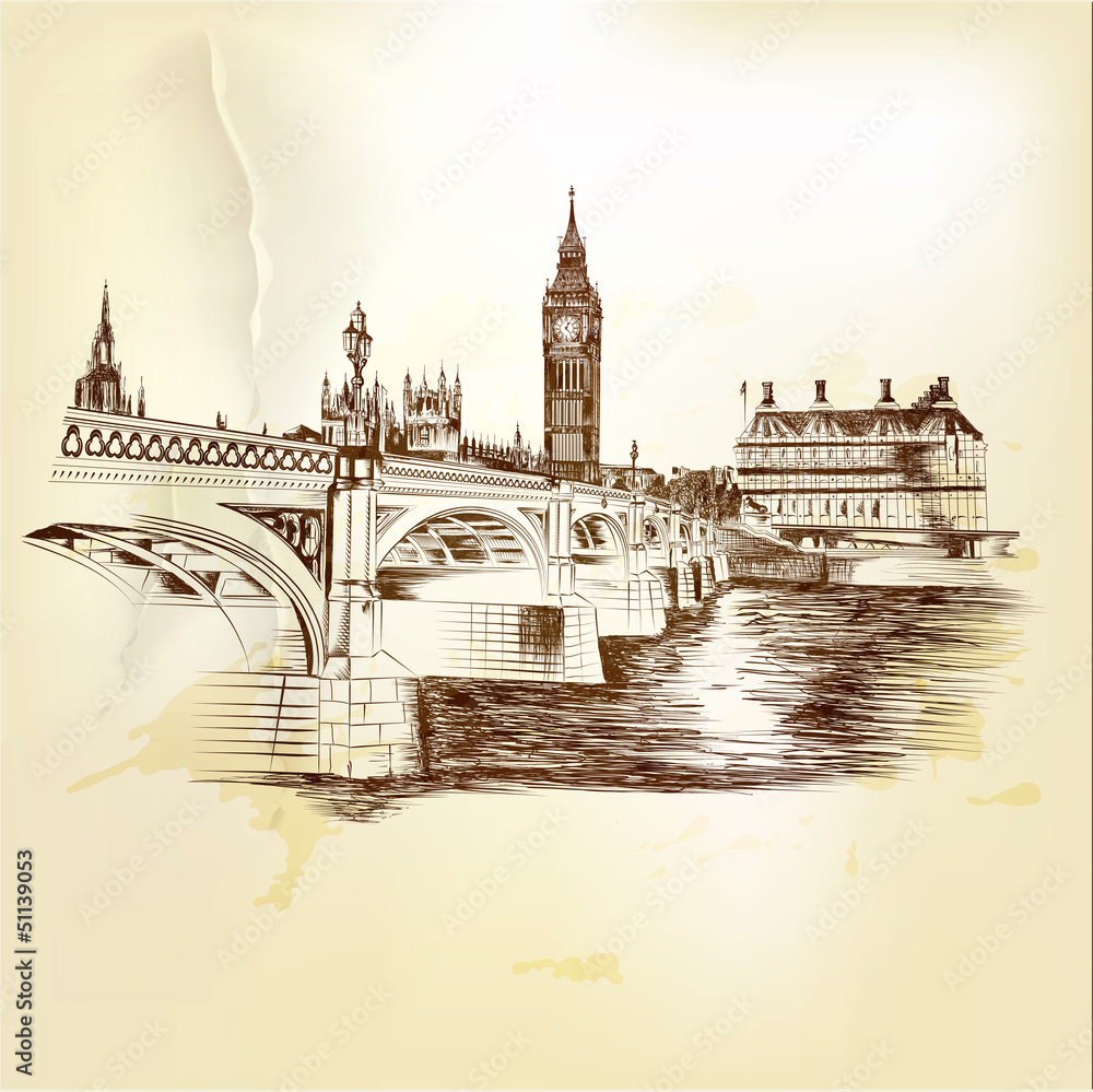 Obraz premium Antique vector postcard with hand drawn London bridge in sepia