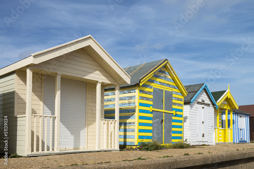 Colorful Beach Huts at Chapel St Leonards, Lincolnshire, UK.
