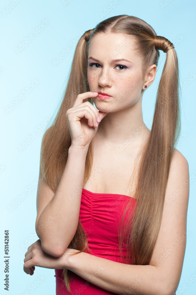 Freckled girl in red dress Freckled girl in red dress