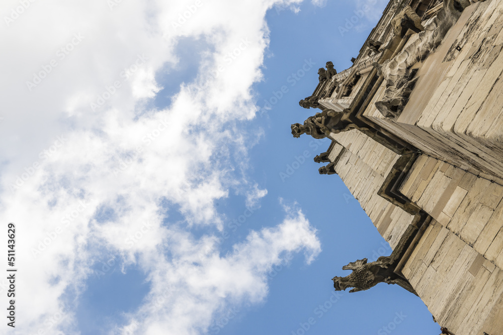Detail of tower with gargoyles on roof of York Minster, in the U