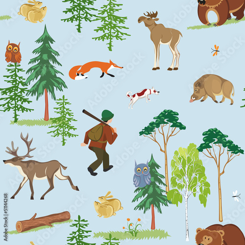 Vector seamless hunting pattern with different wild animals