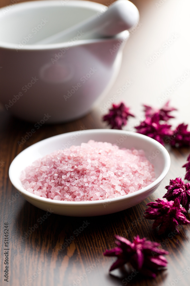 pink bath salt in bowl pink bath salt in bowl