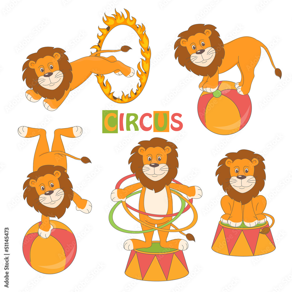 Naklejka premium Collection of cute circus lion on white background .
