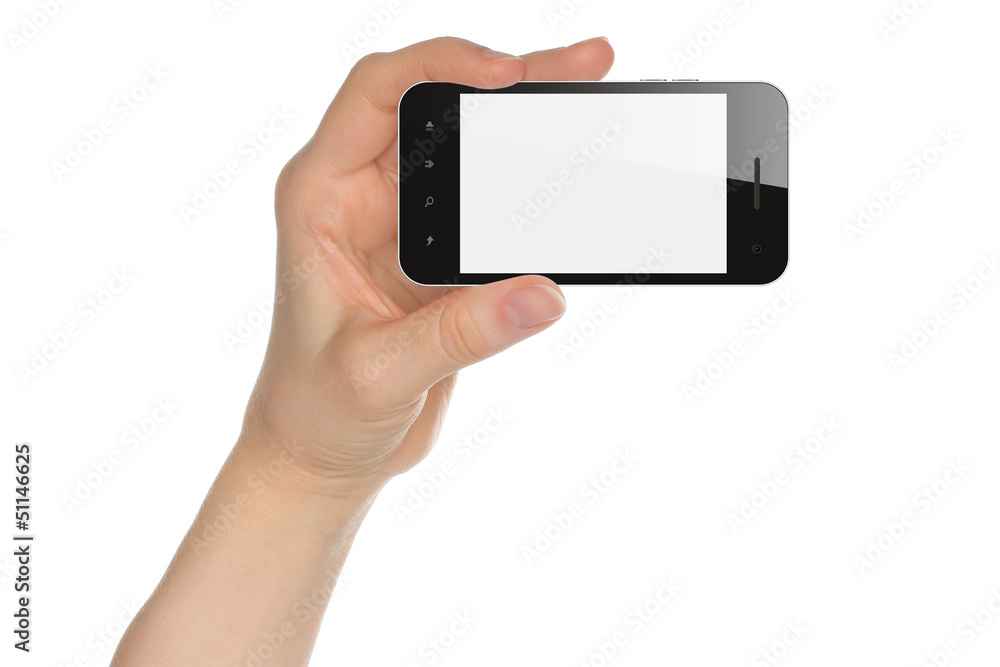 Hand holding smart phone isolated on white background.