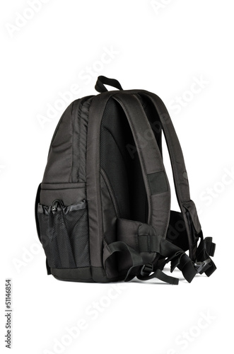 A large black backpack with a strong fastening