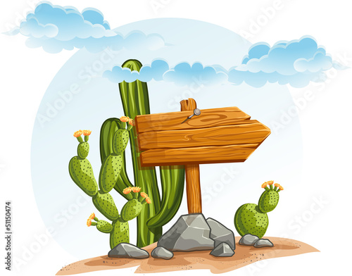 Wooden pointer with cacti in the desert