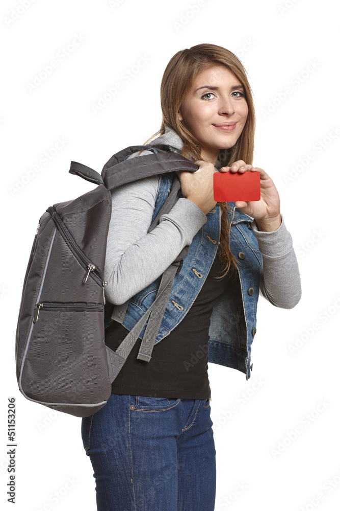 Woman tourist with backpack showing blank credit card Woman tourist with backpack showing blank credit card
