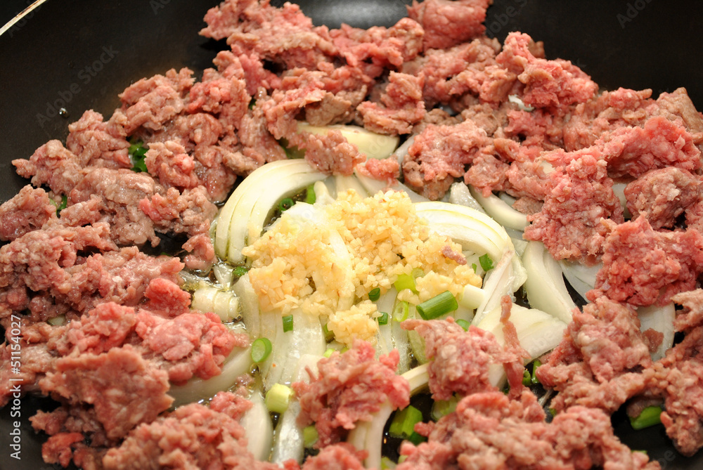 Chopped Beef with Ingredients Frying in a Pan Chopped Beef with Ingredients Frying in a Pan