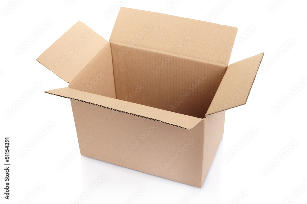 Open empty cardboard box on white, clipping path included