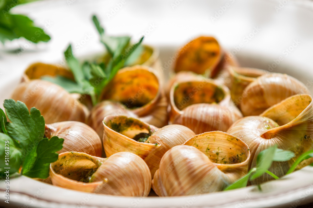 Closeup of baked snails with garlic butter and parsley Closeup of baked snails with garlic butter and parsley