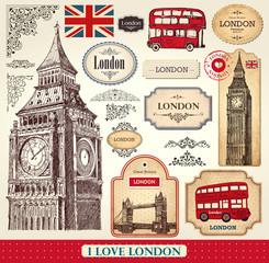 Store enrouleur Poster vintage Symboles emblématiques de Londres style graphique  © moleskostudio