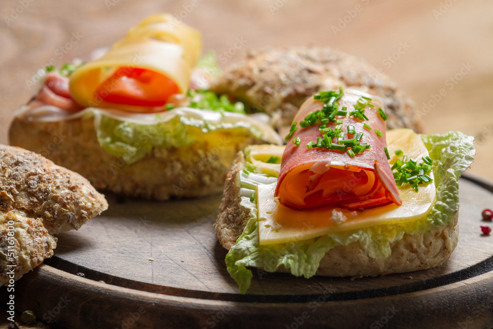 Fesh sandwich with chive, ham and cheese Fesh sandwich with chive, ham and cheese