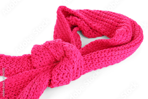 Warm knitted scarf pink isolated on white