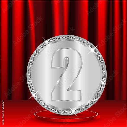 silver medal with a number two on a background red window shades