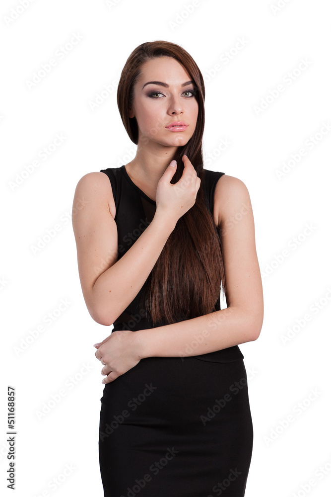 Beautiful business woman in black dress over white background Beautiful business woman in black dress over white background