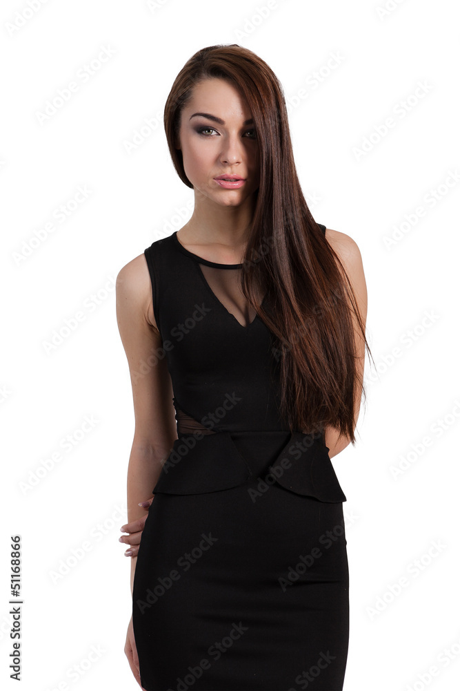 Beautiful business woman in black dress over white background Beautiful business woman in black dress over white background
