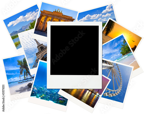 Photography Instant photo frame over traveling pictures isolated on white
