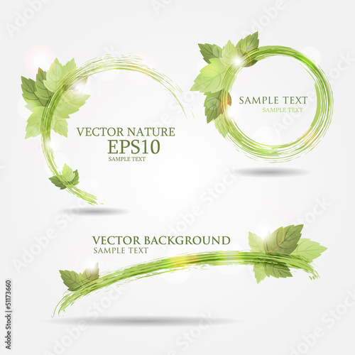 Set of three banners with fresh green leaves