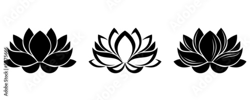 Set of three silhouettes of lotus flowers. Vector illustration.