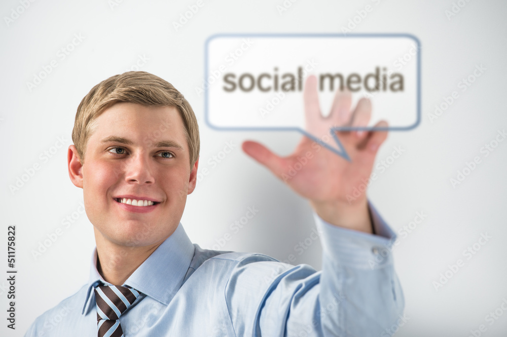 Business man touching social media button. Modern online adverti Business man touching social media button. Modern online adverti
